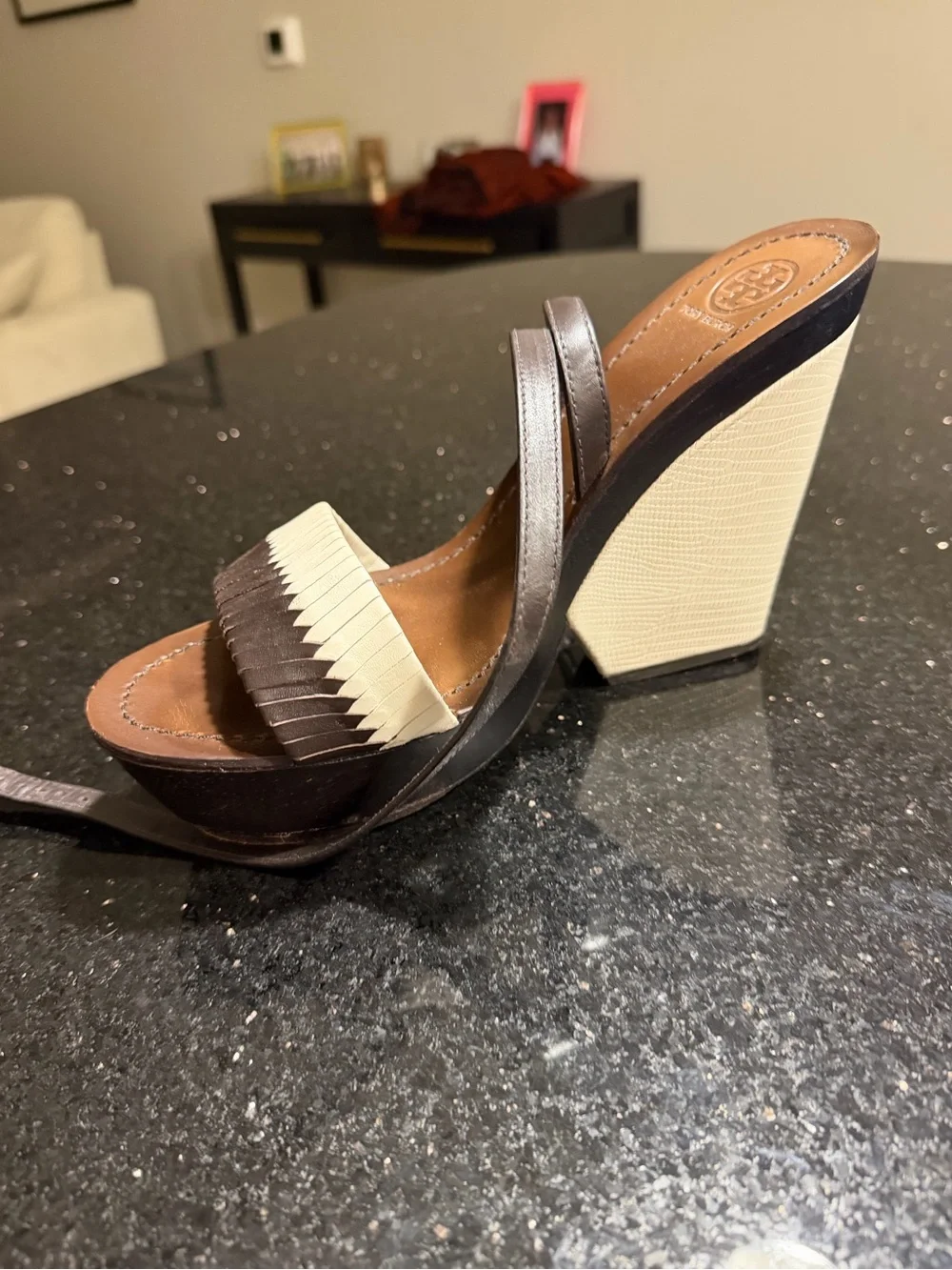 Tory Burch Brown & Cream Weave Wedges